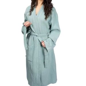 Waffle-Knit Robe with Belt in Sage Green - Women's Cozy Lounge Robe